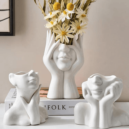 Vase en Céramique Visage Abstrait pour Fleurs et Décoration Intérieure