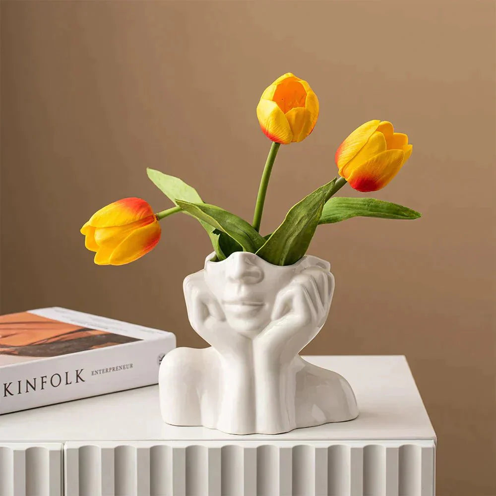 Vase en Céramique Visage Abstrait pour Fleurs et Décoration Intérieure