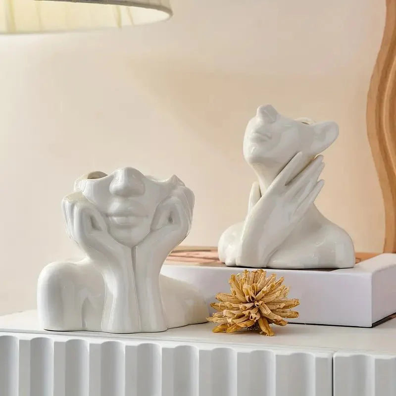 Vase en Céramique Visage Abstrait pour Fleurs et Décoration Intérieure