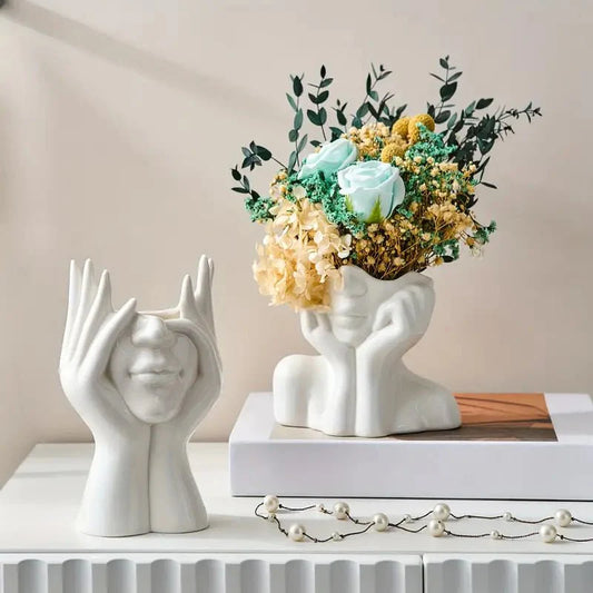 Vase en Céramique Visage Abstrait pour Fleurs et Décoration Intérieure