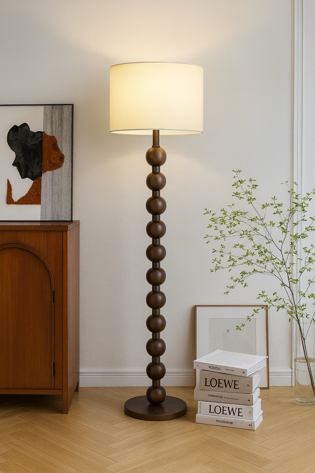 Lampadaire classique en bois avec abat-jour en tissu blanc