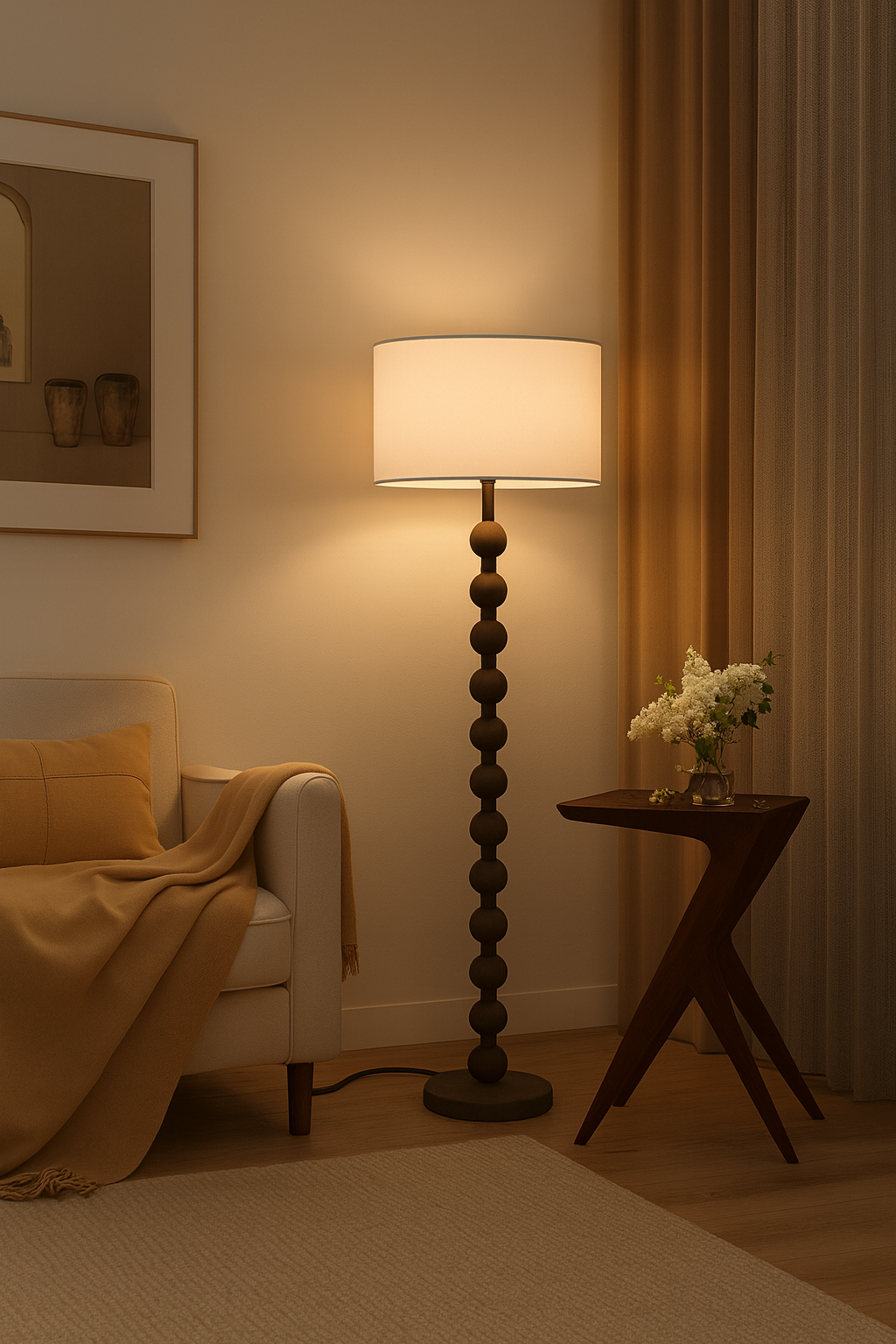 Lampadaire classique en bois avec abat-jour en tissu blanc