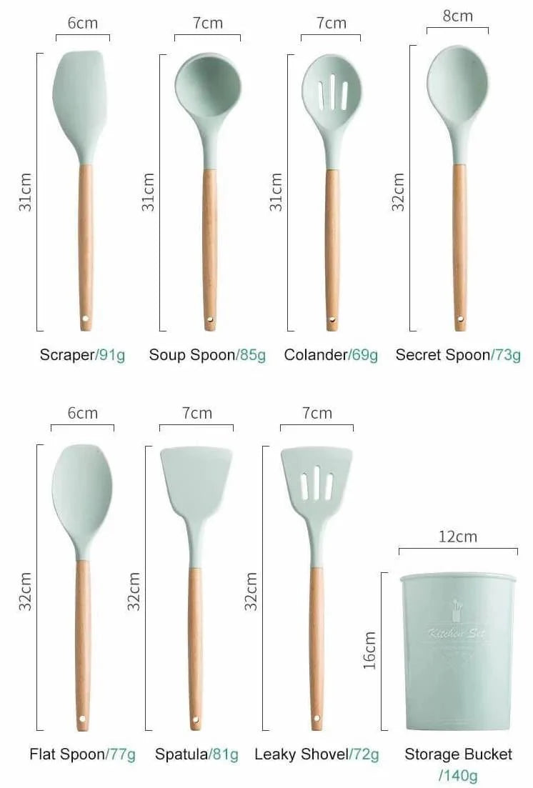 Set d’ustensiles de cuisine en silicone sans BPA et non toxique avec manches en bois.
