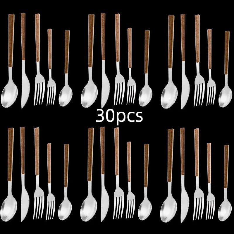 Service de couverts en acier inoxydable avec manche en bois