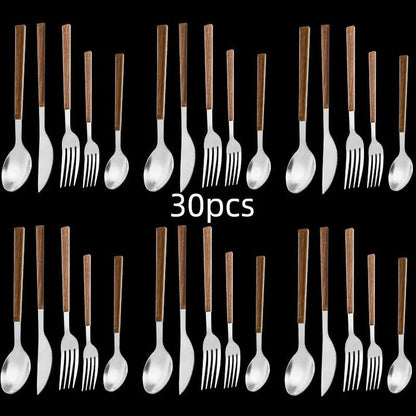 Service de couverts en acier inoxydable avec manche en bois