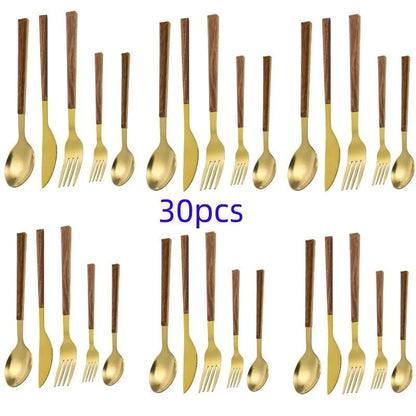 Service de couverts en acier inoxydable avec manche en bois