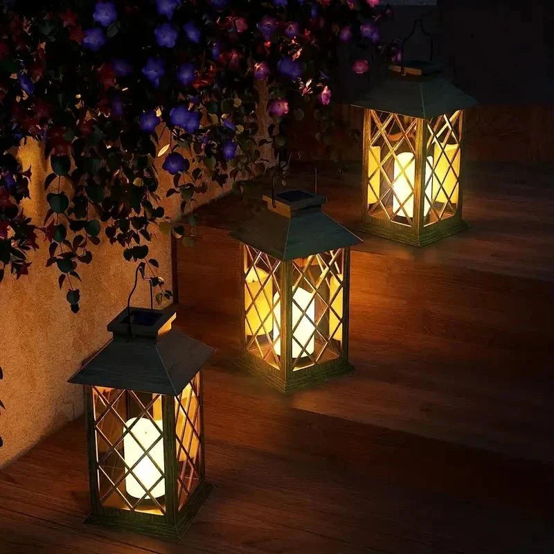 Lanterne de jardin solaire vintage avec bougie LED vacillante